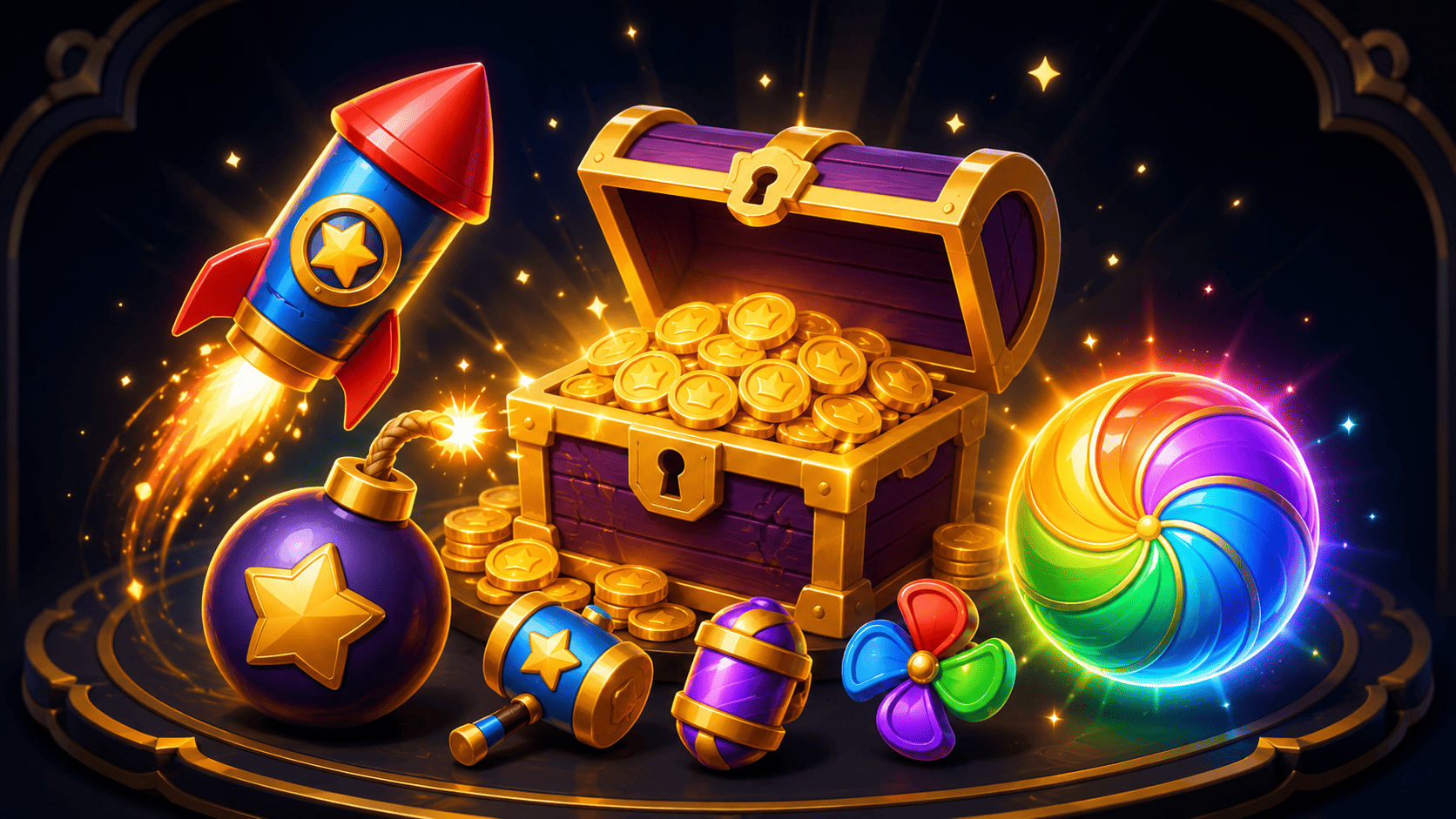 Match-3 monetization items — rocket and bomb boosters, a rainbow color-clear, a treasure chest of star coins